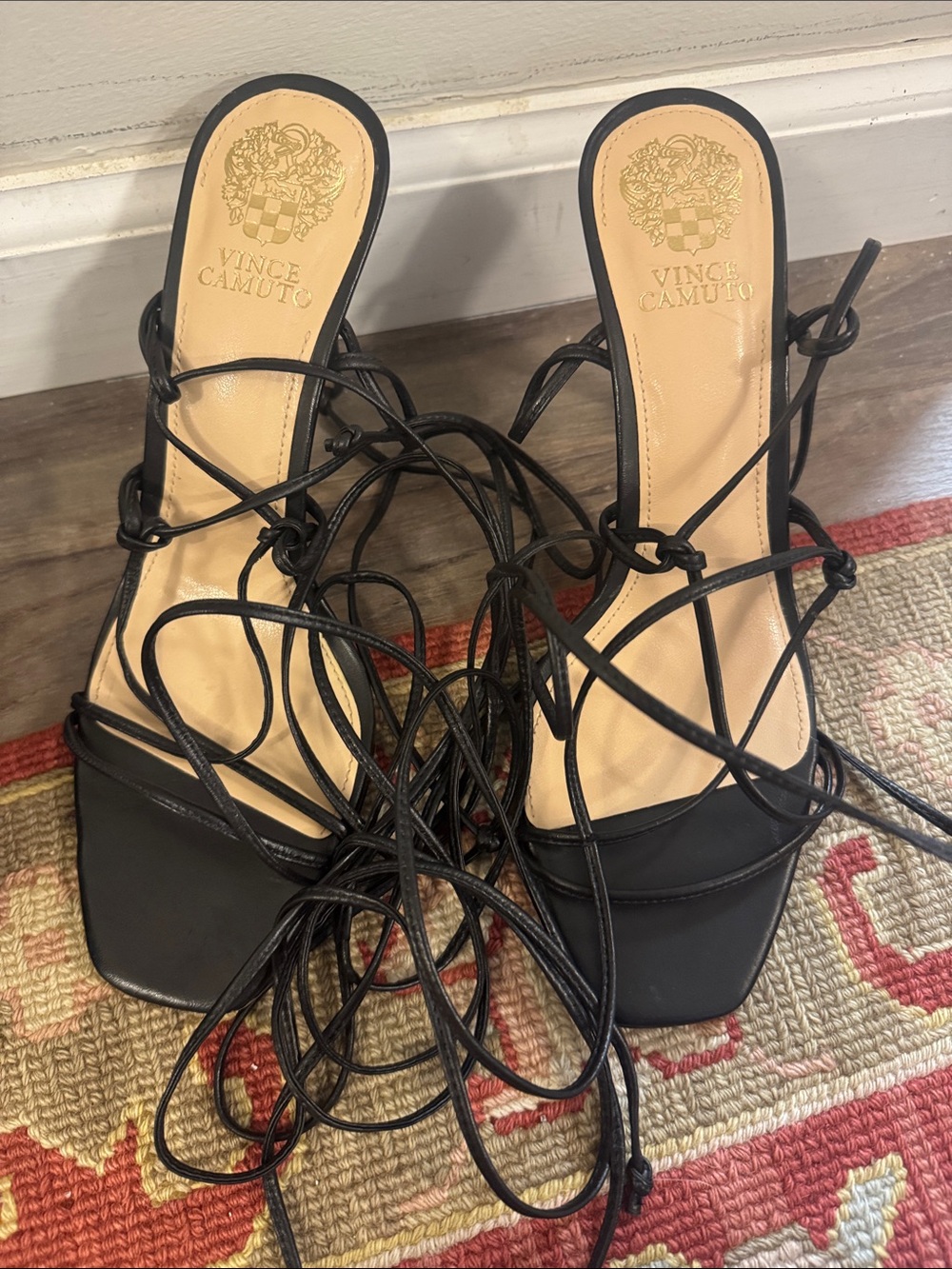 Vince Camuto Black Lace-Up Strappy Square-Toe Heels